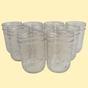 9 VTG Quilted Crystal Glass Jelly Jars Jam Canning Mason Homemakers 8 oz